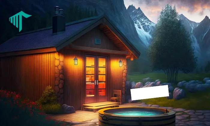 log cabin with hot tub