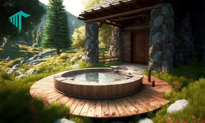 log cabin with hot tub